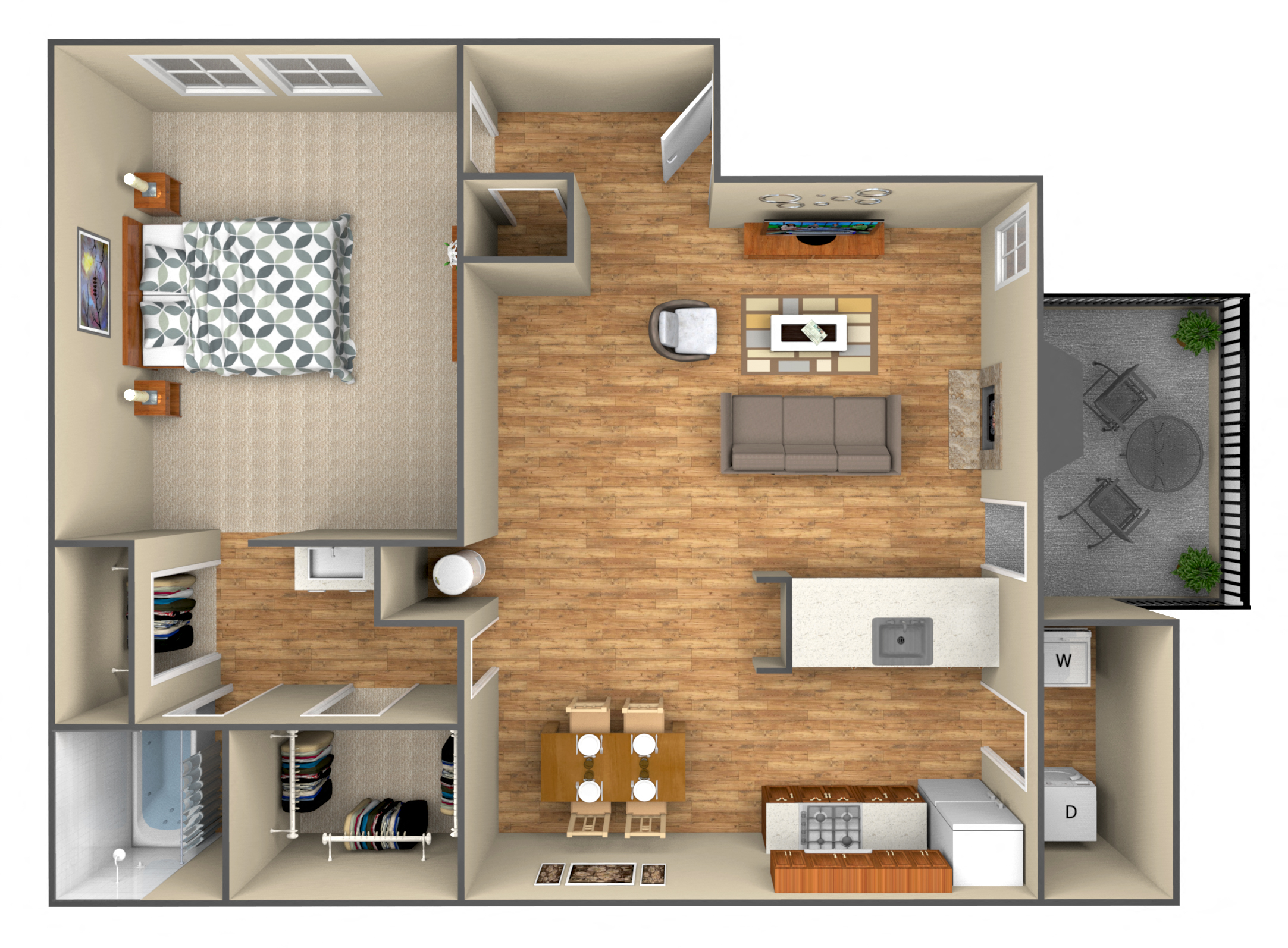 Floor plan for 1 bed, 1 bath, 775 sqft